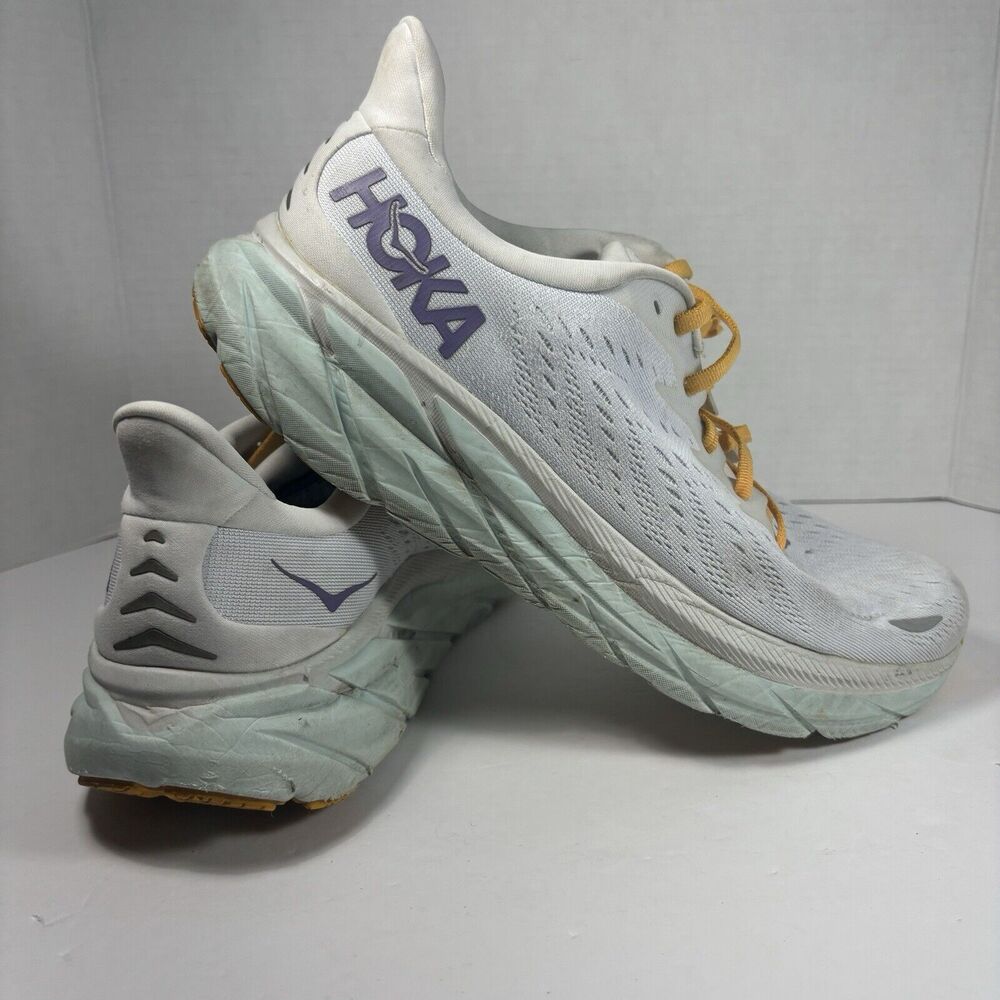 Hoka Clifton 8-Mens 9/Womens 10.5 Light Colored Shoes Yellow Purple White Mint